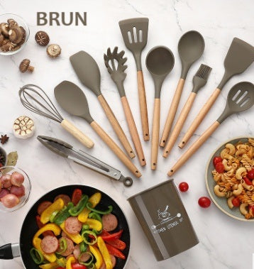 12 delars Värmebeständiga köksredskap med Trähandtag och silikon, för matlagning och bakning. Non-Stick. Olika färger!