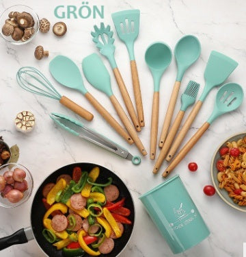12 delars Värmebeständiga köksredskap med Trähandtag och silikon, för matlagning och bakning. Non-Stick. Olika färger!